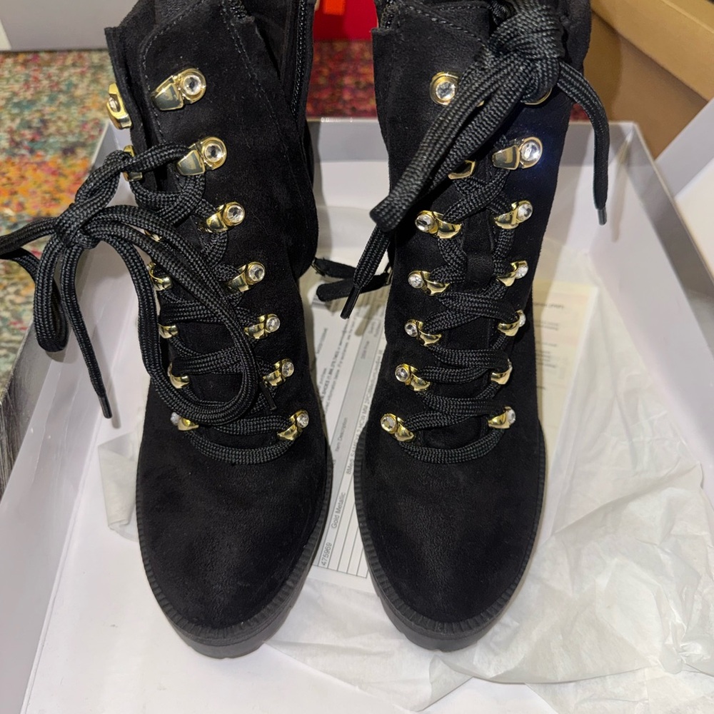 Jennifer Lopez Black Lace-Up Boots with Gold Accents